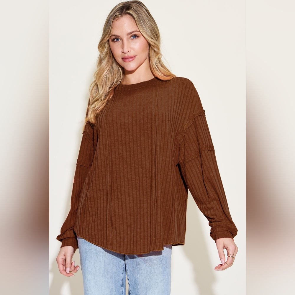 Basic Bae Full Size Ribbed Round Neck Long Sleeve T-Shirt - Picture 1 of 5